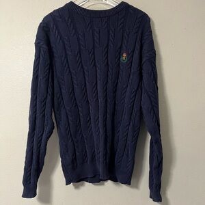 Vintage Chaps Ralph Lauren Mens Medium Cable Knit Sweater Navy Laurel Logo